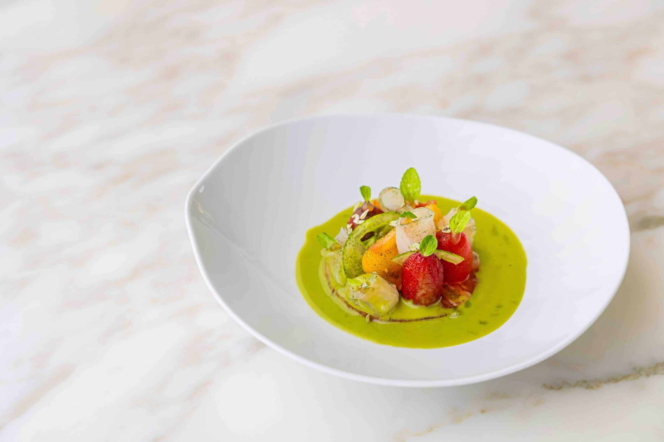 Sériole séchée, sélection de tomates, gaspacho vert, Jerez