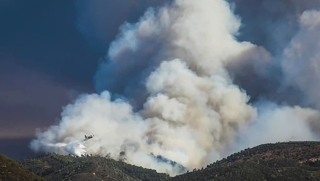 Un avion larguant de l’eau sur un incendie de forêt